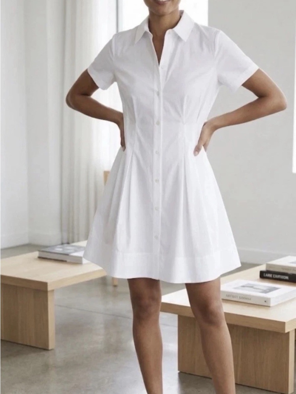 Theory short sleeved double pleated dress